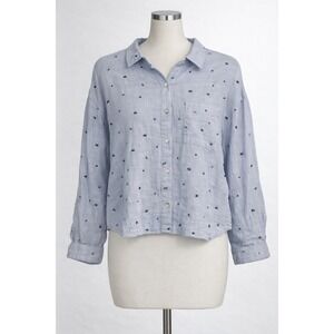H&M Button Down Shirt Womens Medium Blue Floral Cotton Gauze Long Sleeve Relaxed